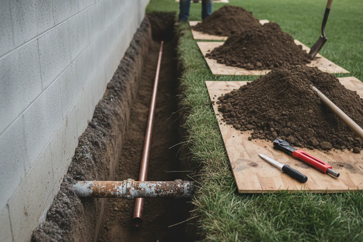 Excavated water line trench during Water Heater Repair in Manchester
